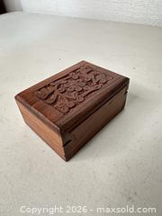 MaxSold Auction: Small Hand-Carved Wood Jewelry Box with Velvet Lining - San Jose (California, USA) SELLER MANAGED Downsizing Online Auction - East Humboldt Street