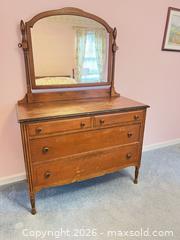 MaxSold Auction: Antique/Vintage Medium Brown Dresser with Mirror - Wake Forest (North Carolina, USA) PARTNER MANAGED Downsizing Online Auction - Wait Avenue