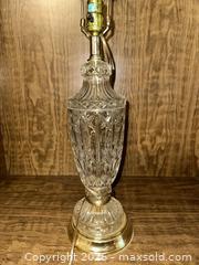 MaxSold Auction: Clear Crystal and Brass Table Lamp with Shade, 24–28 in - Wake Forest (North Carolina, USA) PARTNER MANAGED Downsizing Online Auction - Wait Avenue