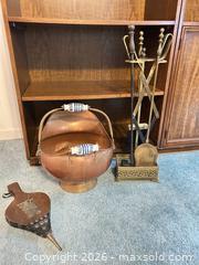 MaxSold Auction: Copper & Brass Fireplace Accessories: Scuttle, Tool Set, Bellows - Wake Forest (North Carolina, USA) PARTNER MANAGED Downsizing Online Auction - Wait Avenue