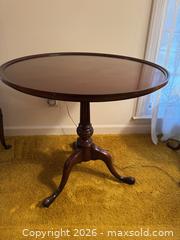 MaxSold Auction: Dark Brown Pedestal Tripod Side/End Table, 26–28 in Top - Wake Forest (North Carolina, USA) PARTNER MANAGED Downsizing Online Auction - Wait Avenue
