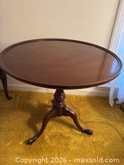 MaxSold Auction: Dark Brown Pedestal Tripod Side/End Table, 26–28 in Top - Wake Forest (North Carolina, USA) PARTNER MANAGED Downsizing Online Auction - Wait Avenue