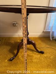 MaxSold Auction: Dark Brown Pedestal Tripod Side/End Table, 26–28 in Top - Wake Forest (North Carolina, USA) PARTNER MANAGED Downsizing Online Auction - Wait Avenue