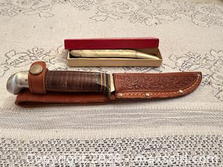 MaxSold Auction: Fixed Blade Hunting Cutter with Leather Sheath & Pocket Folding Cutter - Wake Forest (North Carolina, USA) PARTNER MANAGED Downsizing Online Auction - Wait Avenue