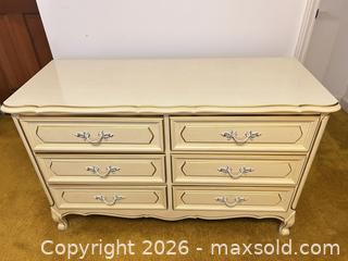 MaxSold Auction: French Provincial 6-Drawer Dresser, Cream/Ivory with Gold Trim - Wake Forest (North Carolina, USA) PARTNER MANAGED Downsizing Online Auction - Wait Avenue