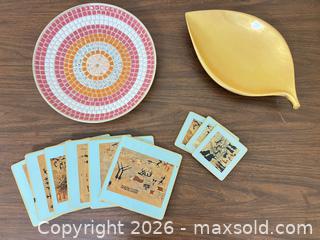 MaxSold Auction: Lot: 6 Square Coasters, Round Mosaic Plate & Leaf Trinket Dish - Wake Forest (North Carolina, USA) PARTNER MANAGED Downsizing Online Auction - Wait Avenue