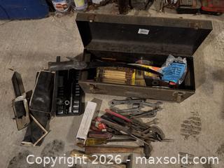 MaxSold Auction: Metal Toolbox with Wood-Handled Steel Tools - Wake Forest (North Carolina, USA) PARTNER MANAGED Downsizing Online Auction - Wait Avenue