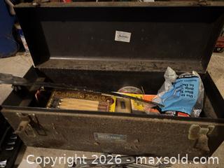 MaxSold Auction: Metal Toolbox with Wood-Handled Steel Tools - Wake Forest (North Carolina, USA) PARTNER MANAGED Downsizing Online Auction - Wait Avenue