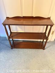 MaxSold Auction: Mid-Century Mahogany Wood Etagere with 3 Shelves - Wake Forest (North Carolina, USA) PARTNER MANAGED Downsizing Online Auction - Wait Avenue