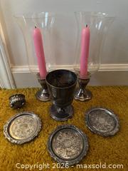 MaxSold Auction: Mixed lot, Sterling, Pewter, and silver plate: Candle Holders, Goblet, Coasters & Small Dish - Wake Forest (North Carolina, USA) PARTNER MANAGED Downsizing Online Auction - Wait Avenue