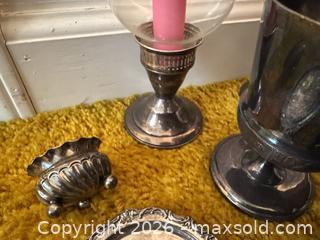 MaxSold Auction: Mixed lot, Sterling, Pewter, and silver plate: Candle Holders, Goblet, Coasters & Small Dish - Wake Forest (North Carolina, USA) PARTNER MANAGED Downsizing Online Auction - Wait Avenue