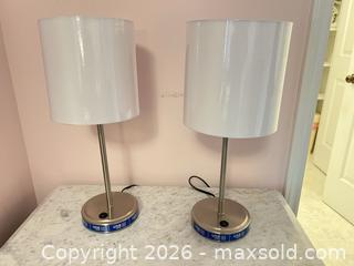 MaxSold Auction: Pair of White Metal Table Lamps with Fabric Shades - Wake Forest (North Carolina, USA) PARTNER MANAGED Downsizing Online Auction - Wait Avenue
