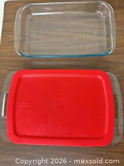 MaxSold Auction: Pyrex Glass Baking Dish, Silicone Lid & 13" Platter - Wake Forest (North Carolina, USA) PARTNER MANAGED Downsizing Online Auction - Wait Avenue