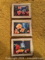 MaxSold Auction: Set of 3 Floral / Roses on Wood Backing - Wake Forest (North Carolina, USA) PARTNER MANAGED Downsizing Online Auction - Wait Avenue