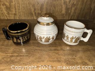 MaxSold Auction: Set of 3 Small Greek Figural Frieze Mugs/Vases - Wake Forest (North Carolina, USA) PARTNER MANAGED Downsizing Online Auction - Wait Avenue