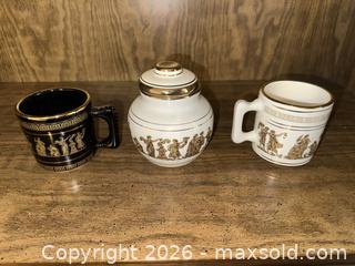 MaxSold Auction: Set of 3 Small Greek Figural Frieze Mugs/Vases - Wake Forest (North Carolina, USA) PARTNER MANAGED Downsizing Online Auction - Wait Avenue