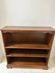 MaxSold Auction: Solid Wood Brown Bookcase, 3 Shelves, 36 in H, 36 in W - Wake Forest (North Carolina, USA) PARTNER MANAGED Downsizing Online Auction - Wait Avenue
