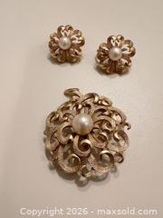 MaxSold Auction: Trifari Gold-Tone Brooch & Clip-On Earrings with Faux Pearls - Wake Forest (North Carolina, USA) PARTNER MANAGED Downsizing Online Auction - Wait Avenue