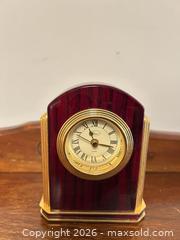 MaxSold Auction: Veneer Wood & Brass Mantel / Desk Clock — Quartz - Wake Forest (North Carolina, USA) PARTNER MANAGED Downsizing Online Auction - Wait Avenue