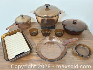 MaxSold Auction: Vintage -Visions Amber Glass-Ceramic Cookware Set (10+ Pieces) - Wake Forest (North Carolina, USA) PARTNER MANAGED Downsizing Online Auction - Wait Avenue