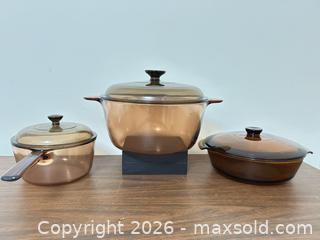 MaxSold Auction: Vintage -Visions Amber Glass-Ceramic Cookware Set (10+ Pieces) - Wake Forest (North Carolina, USA) PARTNER MANAGED Downsizing Online Auction - Wait Avenue
