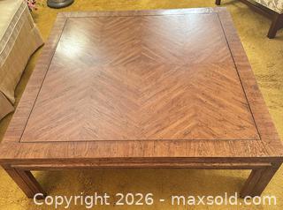 MaxSold Auction: Vintage Brown Wood-Tone Veneer Coffee Table, 48 in Wide - Wake Forest (North Carolina, USA) PARTNER MANAGED Downsizing Online Auction - Wait Avenue