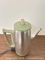 MaxSold Auction: Vintage Electric Percolator Coffee Maker Stainless Steel Silver/Green - Wake Forest (North Carolina, USA) PARTNER MANAGED Downsizing Online Auction - Wait Avenue