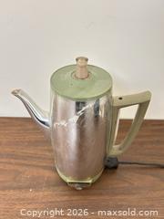 MaxSold Auction: Vintage Electric Percolator Coffee Maker Stainless Steel Silver/Green - Wake Forest (North Carolina, USA) PARTNER MANAGED Downsizing Online Auction - Wait Avenue