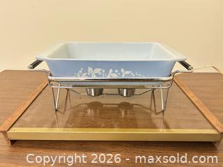 MaxSold Auction: Vintage JAJ Pyrex Azure Blue Hawthorne with chafing dish/buffet warmer - Wake Forest (North Carolina, USA) PARTNER MANAGED Downsizing Online Auction - Wait Avenue