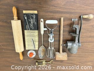 MaxSold Auction: Vintage Kitchen Utensil Lot: Rolling Pin, Mallet, Egg Beater - Wake Forest (North Carolina, USA) PARTNER MANAGED Downsizing Online Auction - Wait Avenue
