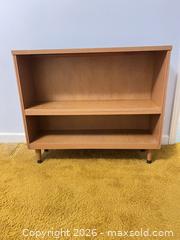 MaxSold Auction: Vintage Light Brown Wood Veneer Bookcase - Wake Forest (North Carolina, USA) PARTNER MANAGED Downsizing Online Auction - Wait Avenue