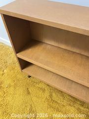 MaxSold Auction: Vintage Light Brown Wood Veneer Bookcase - Wake Forest (North Carolina, USA) PARTNER MANAGED Downsizing Online Auction - Wait Avenue