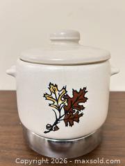 MaxSold Auction: Vintage Small Stoneware Electric Crock Warmer with Autumn Leaf Decal - Wake Forest (North Carolina, USA) PARTNER MANAGED Downsizing Online Auction - Wait Avenue