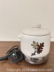 MaxSold Auction: Vintage Small Stoneware Electric Crock Warmer with Autumn Leaf Decal - Wake Forest (North Carolina, USA) PARTNER MANAGED Downsizing Online Auction - Wait Avenue