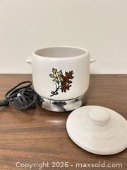MaxSold Auction: Vintage Small Stoneware Electric Crock Warmer with Autumn Leaf Decal - Wake Forest (North Carolina, USA) PARTNER MANAGED Downsizing Online Auction - Wait Avenue