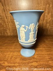 MaxSold Auction: Wedgwood Jasperware Light Blue Vase with White Relief - Wake Forest (North Carolina, USA) PARTNER MANAGED Downsizing Online Auction - Wait Avenue