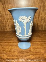 MaxSold Auction: Wedgwood Jasperware Light Blue Vase with White Relief - Wake Forest (North Carolina, USA) PARTNER MANAGED Downsizing Online Auction - Wait Avenue