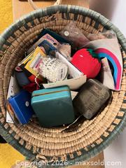 MaxSold Auction: Wicker Sewing Basket with Pin Cushion & Sewing Accessories - Wake Forest (North Carolina, USA) PARTNER MANAGED Downsizing Online Auction - Wait Avenue