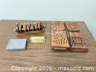 MaxSold Auction: Wooden & Brass Decorative Set: Rehal, Napkin Rings, Desk Calendar - Wake Forest (North Carolina, USA) PARTNER MANAGED Downsizing Online Auction - Wait Avenue