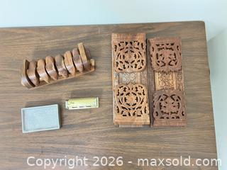 MaxSold Auction: Wooden & Brass Decorative Set: Rehal, Napkin Rings, Desk Calendar - Wake Forest (North Carolina, USA) PARTNER MANAGED Downsizing Online Auction - Wait Avenue