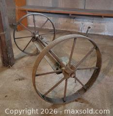 MaxSold Auction: Antique Horse Drawn Manure Spreader Wheels Barn Find Farmhouse Decor - East Cocalico Township (Pennsylvania, USA) SELLER MANAGED Downsizing Online Auction - Stevens Road