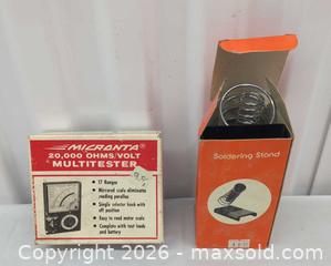 MaxSold Auction: Vintage Micronta Analog Multimeter 20,000 Ohms/Volt with Soldering Stand - Toronto (Ontario, Canada) SELLER MANAGED Downsizing Online Auction - Dupont Street (STORAGE)