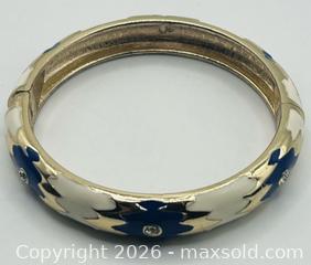 MaxSold Auction: Bangle bracelet geometric pattern blue and white enamel silver tone accents & crystals - Menlo Park (California, USA) SELLER MANAGED Downsizing Online Auction - Henderson Place