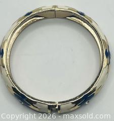MaxSold Auction: Bangle bracelet geometric pattern blue and white enamel silver tone accents & crystals - Menlo Park (California, USA) SELLER MANAGED Downsizing Online Auction - Henderson Place