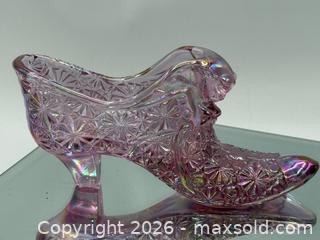 MaxSold Auction: Fenton Art Glass slipper figurine, specifically a pink iridescent glass shoe - Menlo Park (California, USA) SELLER MANAGED Downsizing Online Auction - Henderson Place