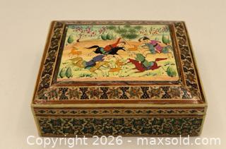 MaxSold Auction: Vintage Persian Lacquered Wooden Inlaid Khatam Marquetry Hunting Scene Box - Menlo Park (California, USA) SELLER MANAGED Downsizing Online Auction - Henderson Place