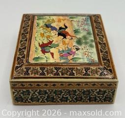 MaxSold Auction: Vintage Persian Lacquered Wooden Inlaid Khatam Marquetry Hunting Scene Box - Menlo Park (California, USA) SELLER MANAGED Downsizing Online Auction - Henderson Place