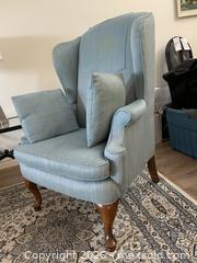 MaxSold Auction: Light Teal/Blueish Fabric Wingback Armchair with Wood Legs - Belleville (Ontario, Canada) SELLER MANAGED Moving Online Auction - Covington Crescent