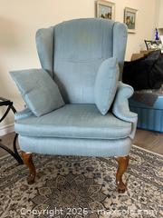 MaxSold Auction: Light Teal/Blueish Fabric Wingback Armchair with Wood Legs - Belleville (Ontario, Canada) SELLER MANAGED Moving Online Auction - Covington Crescent