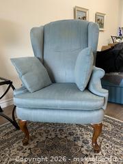 MaxSold Auction: Light Teal/Blueish Fabric Wingback Armchair with Wood Legs - Belleville (Ontario, Canada) SELLER MANAGED Moving Online Auction - Covington Crescent